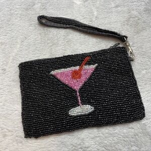 KC Malhan Beaded Evening Bag Wristlet‎ Clutch Wallet Black Martini Party Glamour